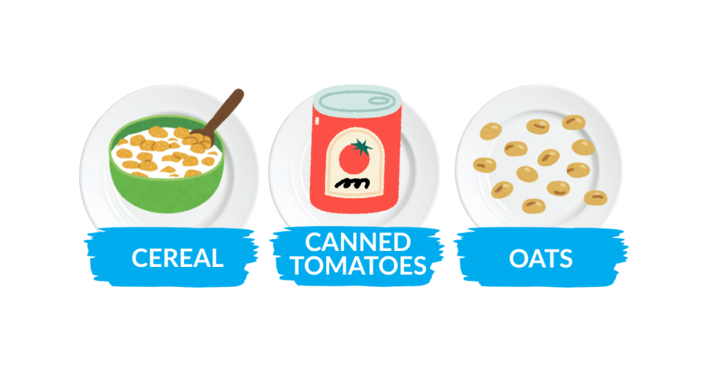 image of most needed items, cereal, canned tomatoes, and oats.