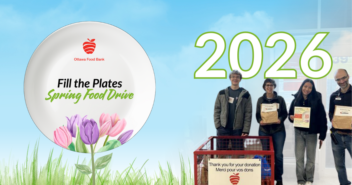 Fill the plates spring food drive blog banner with volunteers smiling in front of a donation bin