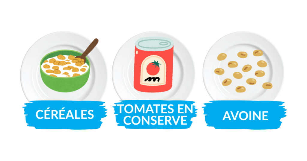 image of most needed items, cereal, canned tomatoes, and oats.