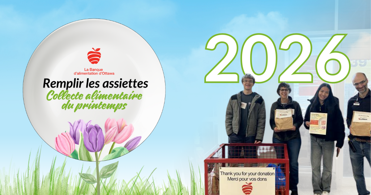 Fill the plates spring food drive blog banner with volunteers smiling in front of a donation bin