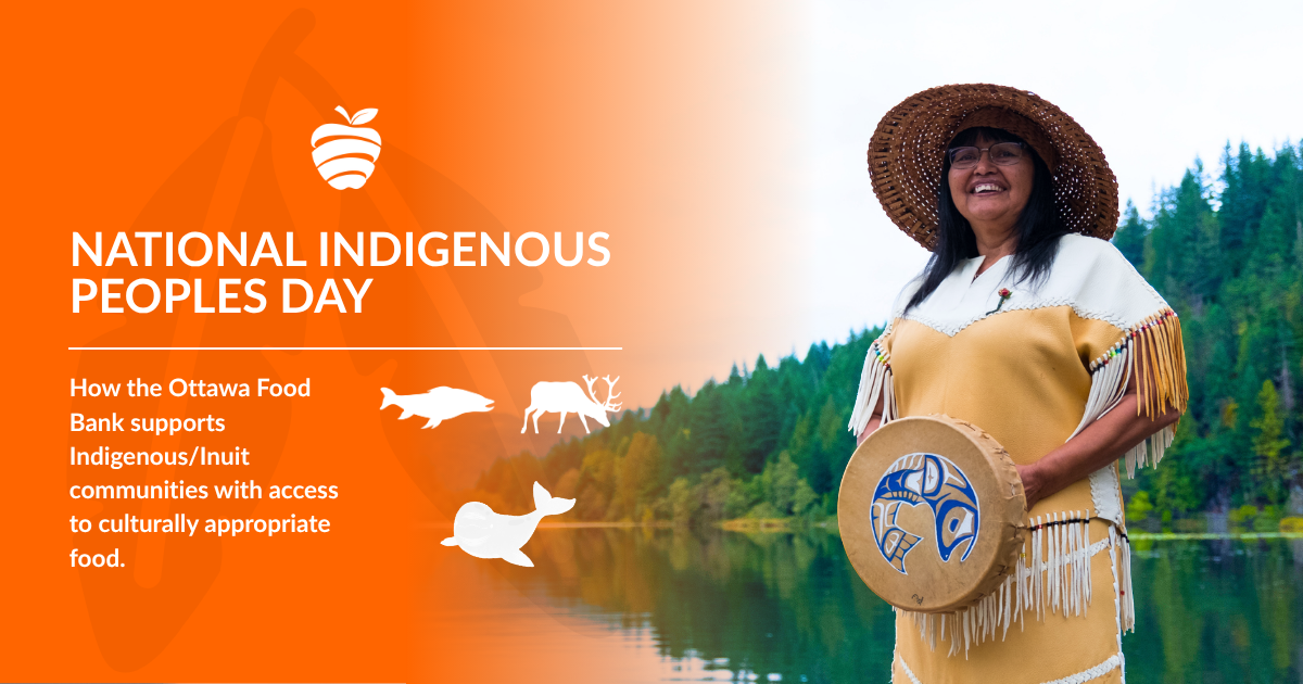 National Indigenous Peoples Day blog banner. The banner reads, "How the Ottawa Food Bank supports Indigenous/Inuit communities with access to culturally appropriate food.
