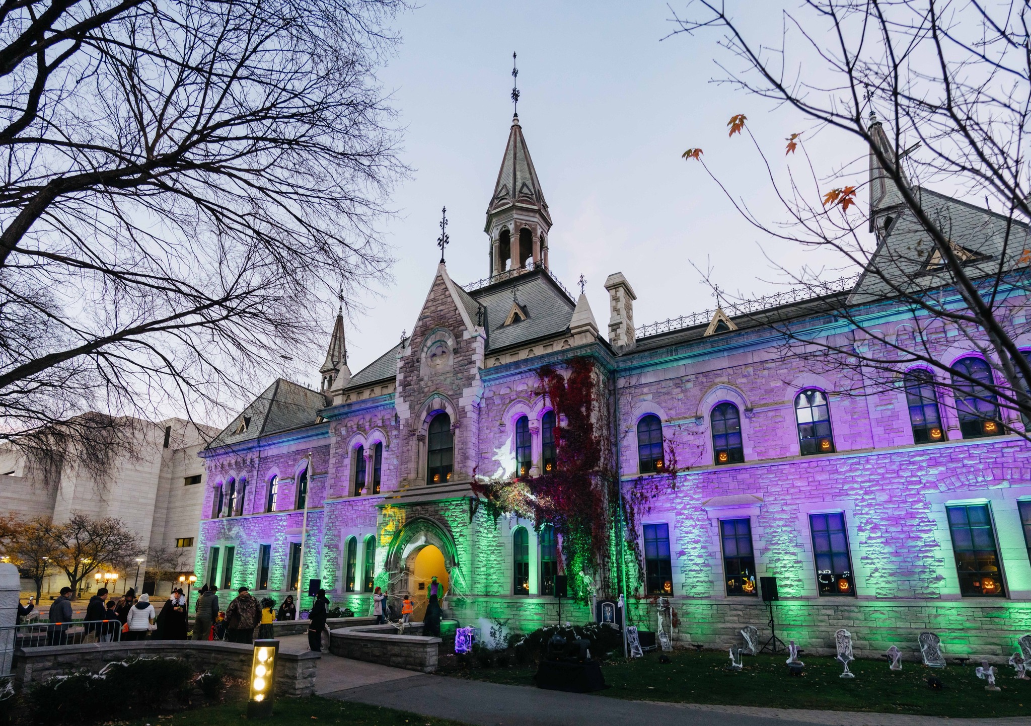 Ottawa town hall lit up and decorated for halloween